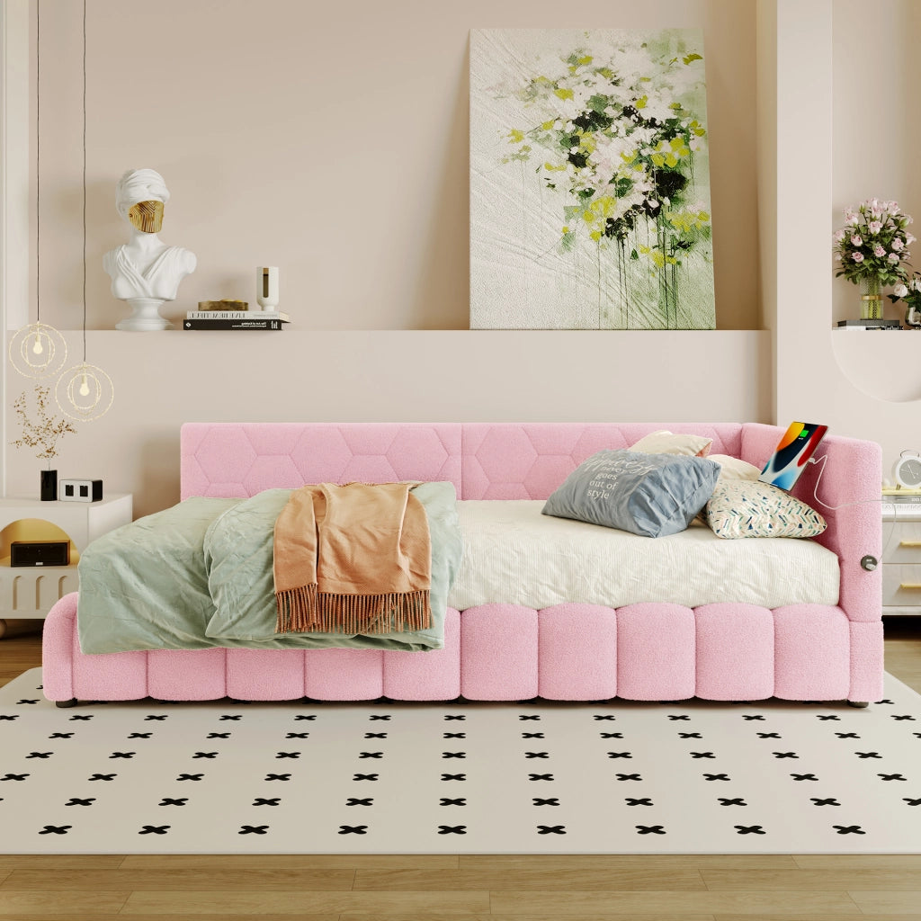 Letto da Giorno 90x200 cm in velluto con Contenitore Idraulico; LED; USB-C Rosa