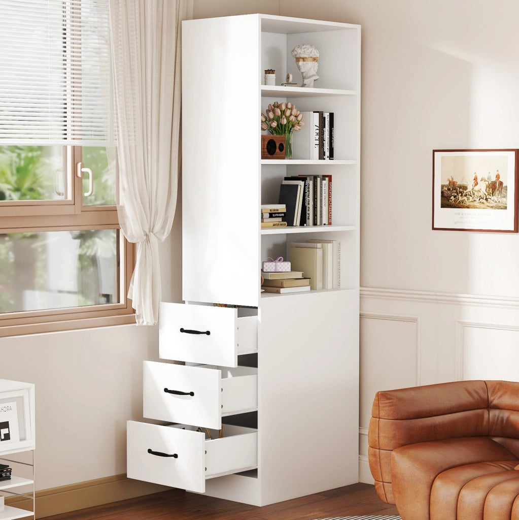 Libreria stretta 60x38x180 cm bianca con 3 cassetti laterali