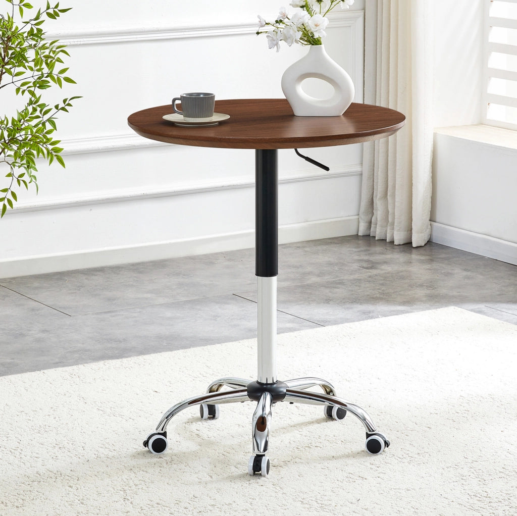 Tavolino rotondo regolabile in altezza 70 cm con ruote, colore noce, per casa, ufficio e caffè