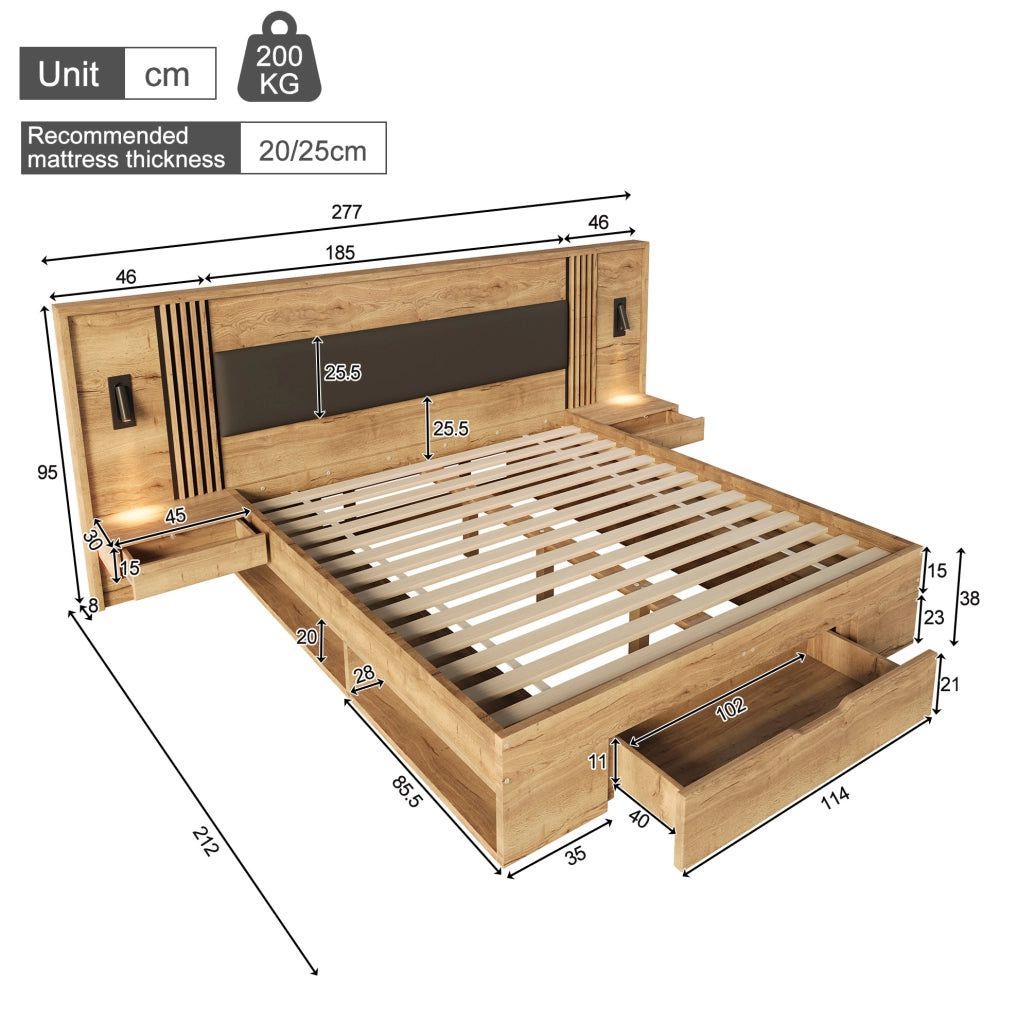 Letto matrimoniale 180x200 cm con 5 vani; 2 comodini e luci orientabili; MDF; naturale