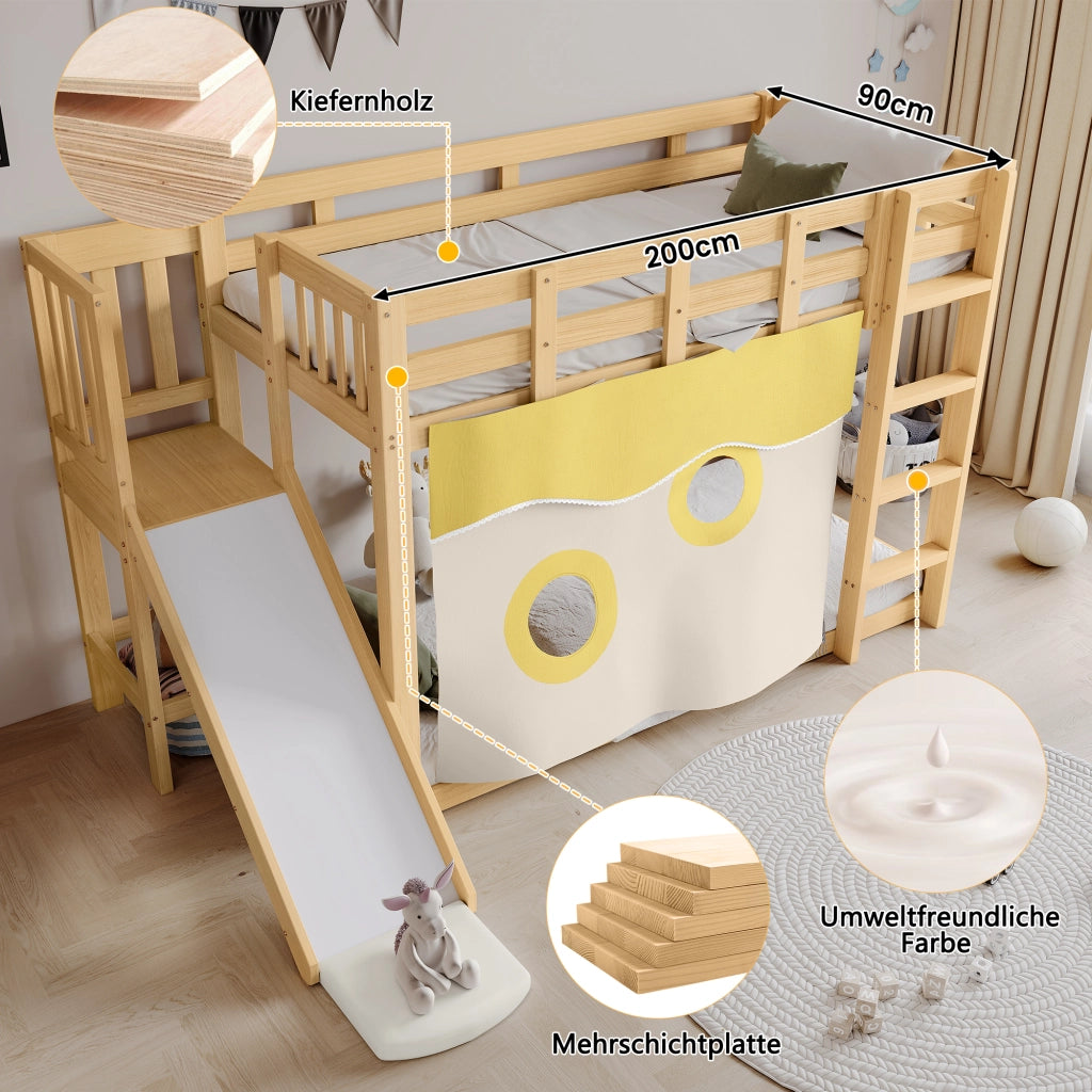 Letto a castello per bambini 90 × 200 cm con scala scivolo tende e protezione anticaduta in legno naturale