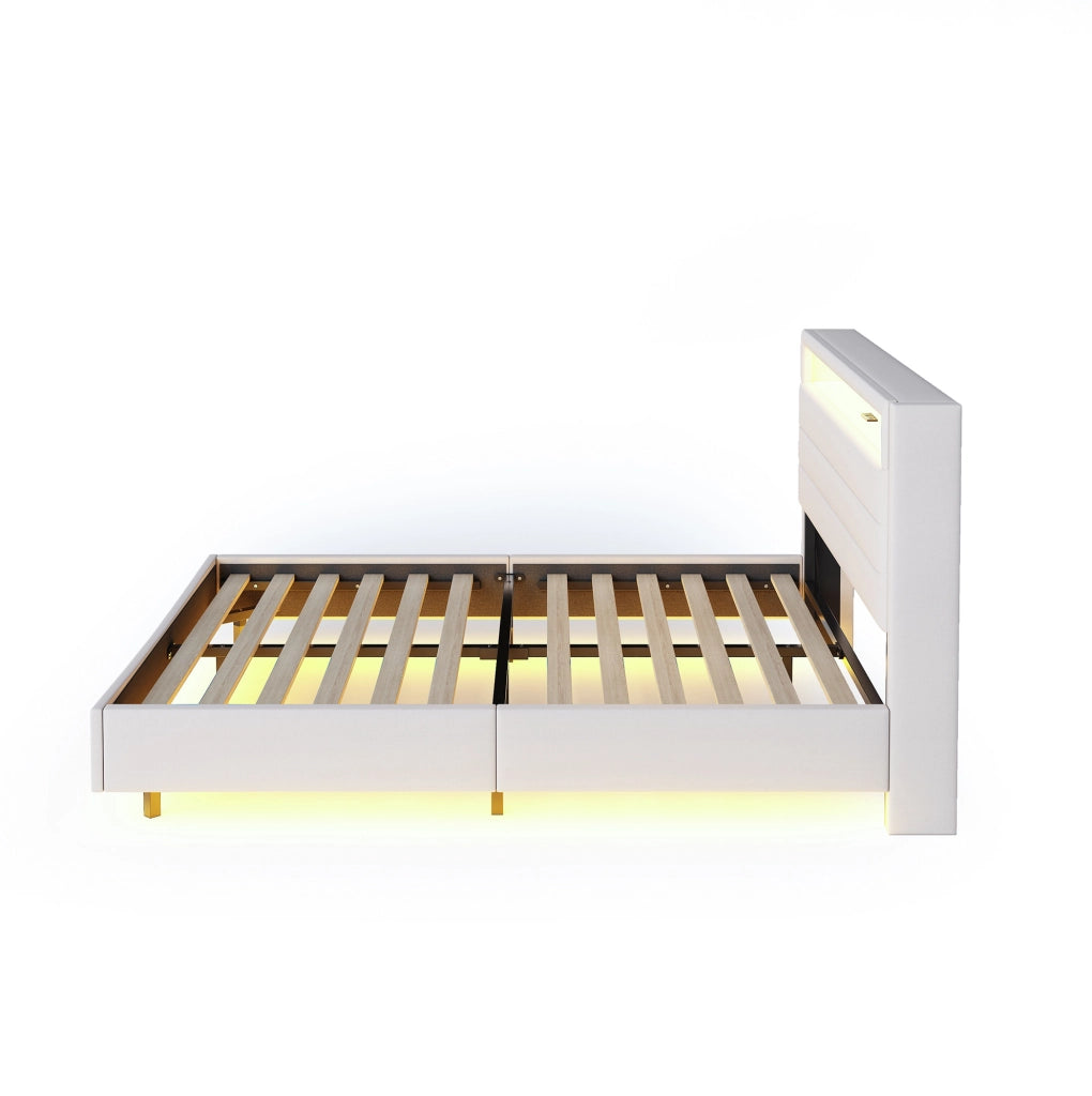 Letto imbottito 160x200 cm beige in tessuto di lino con LED e USB
