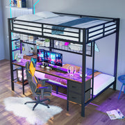 Letto a soppalco 140x200 cm con scrivania, cassetti, ripiani e LED USB, struttura in metallo nero