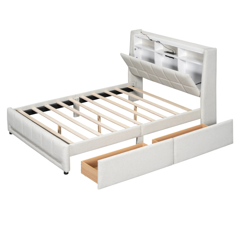 Letto imbottito 140x200 cm in lino e MDF con LED APP; USB e 2 cassetti; beige