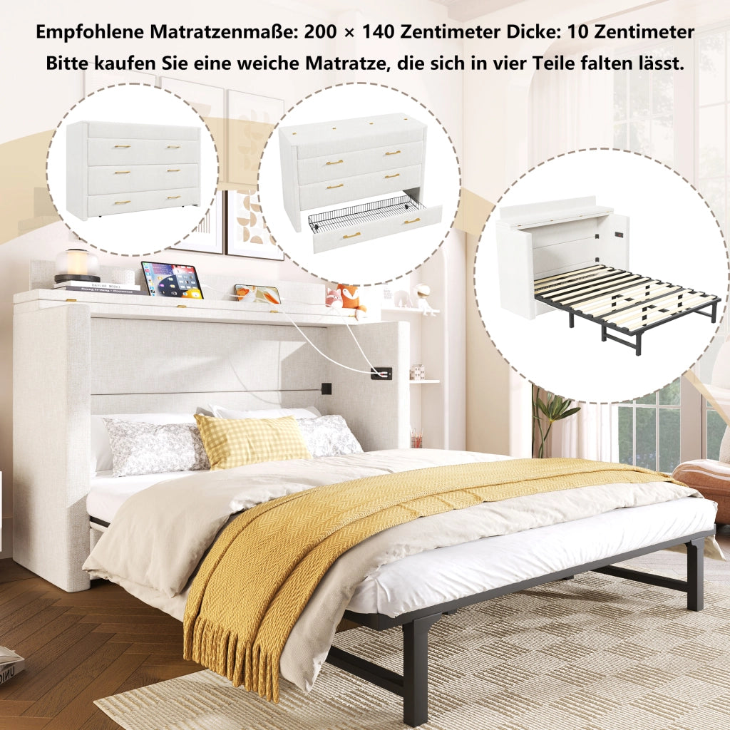 Letto a Scomparsa 140x200 cm in Lino con Cassetto; USB-C e Modulo Contenitore Mobile; Beige