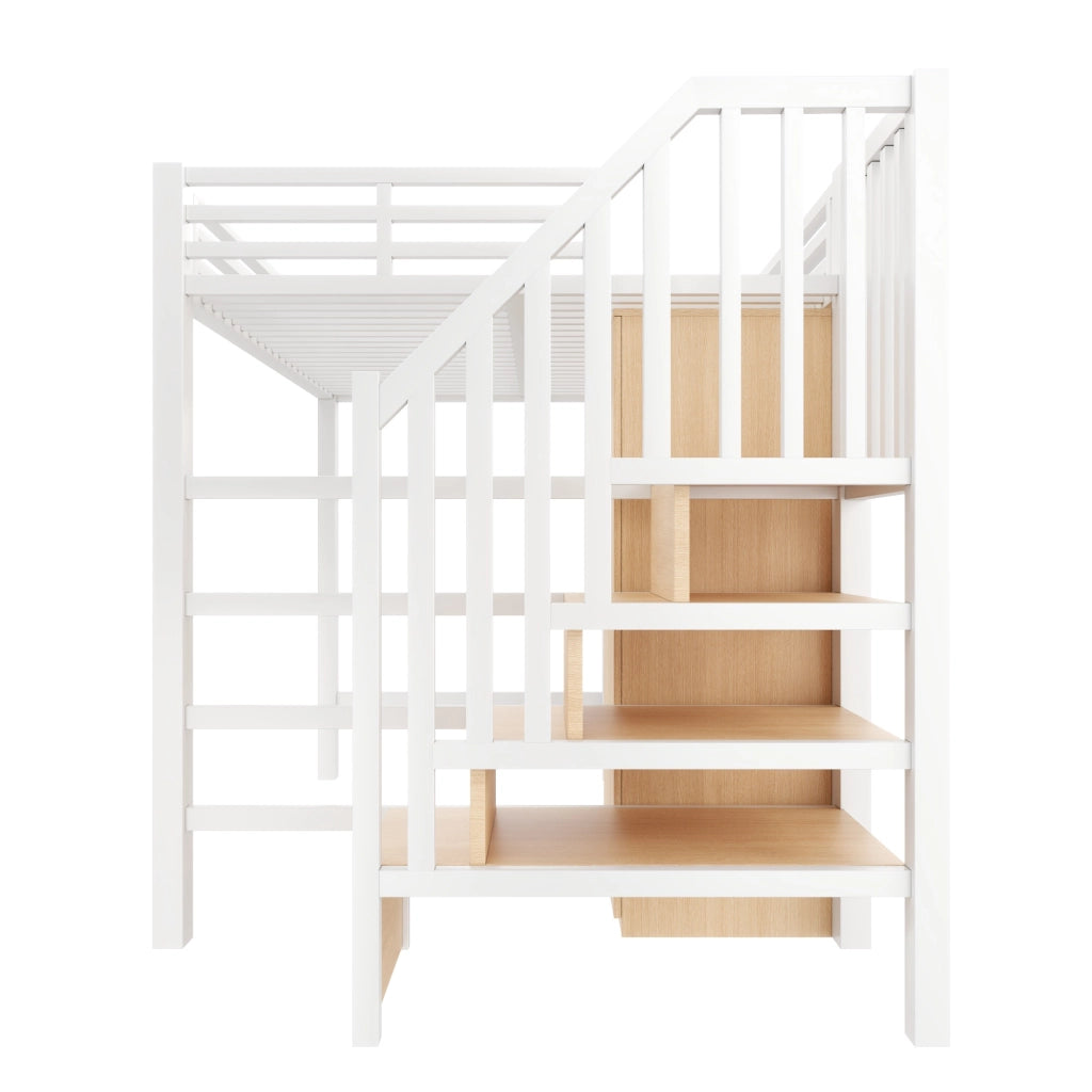 Letto a Soppalco 140x200 cm con Scrivania; Armadio; Mensola LED; Scala - Bianco