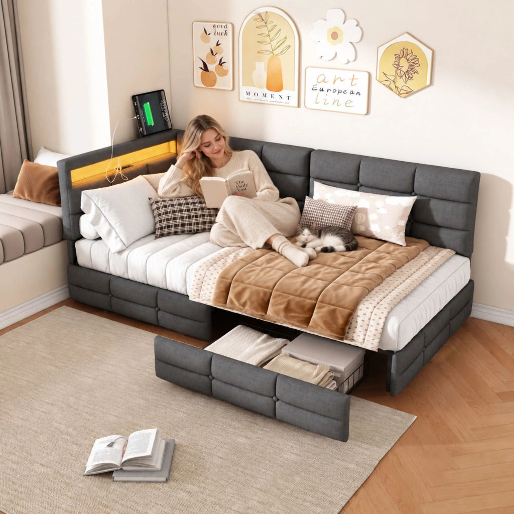 Divano letto multifunzionale 90x200 cm; letto imbottito a L con LED e USB; Letto Singolo con Rete a doghe e Testiera con Contenitore; Lino Grigio