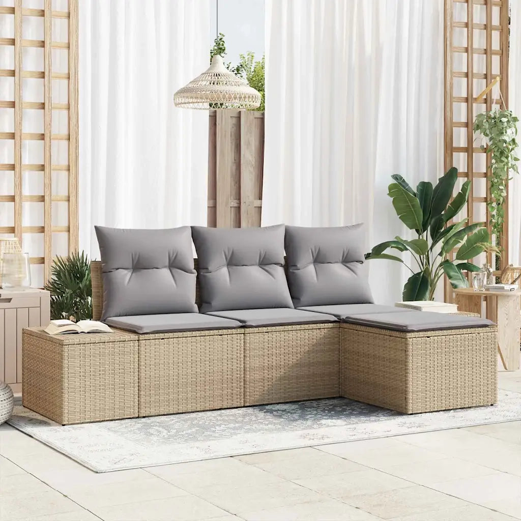 Set Divano da Giardino con cuscino 4 pz | Set Salotto da Giardino Beige polyrattan
