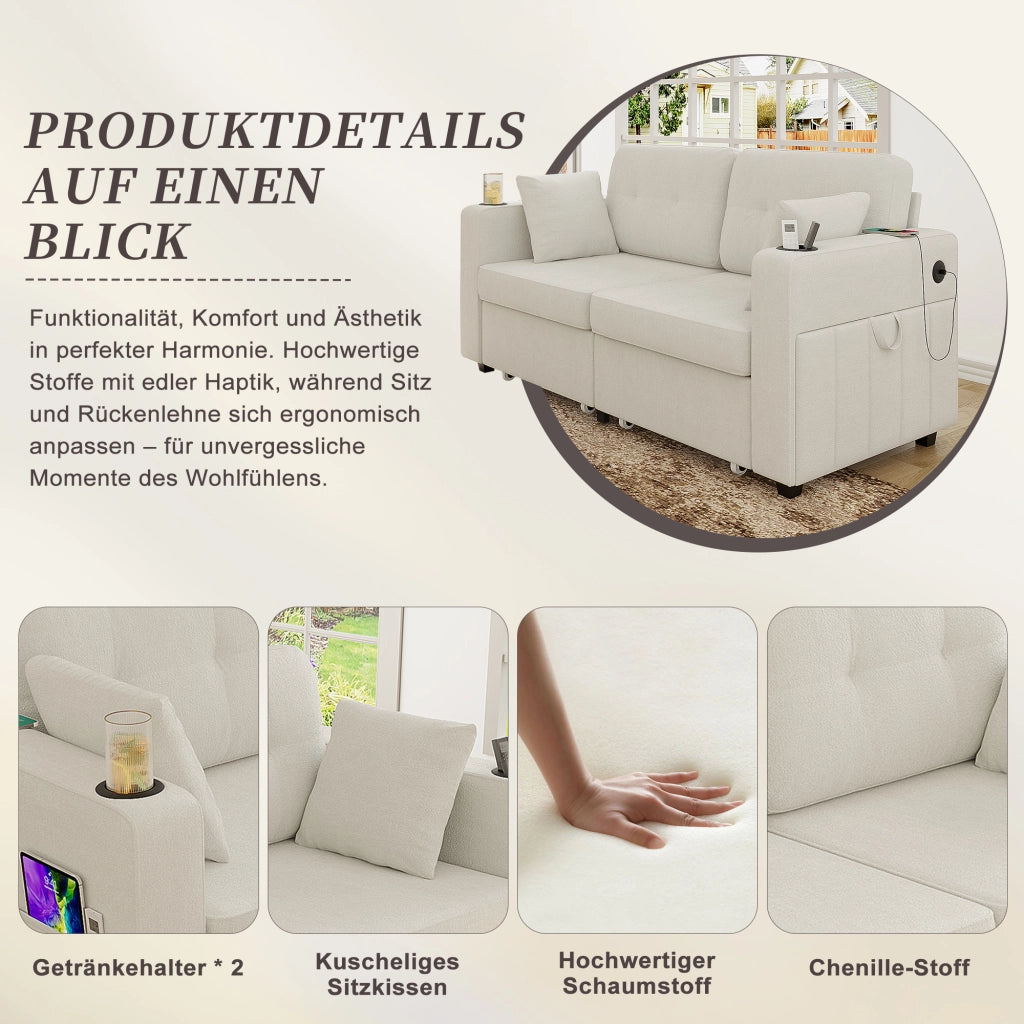 Divano a 2 posti con portabicchieri; vani laterali e USB - in chenille beige