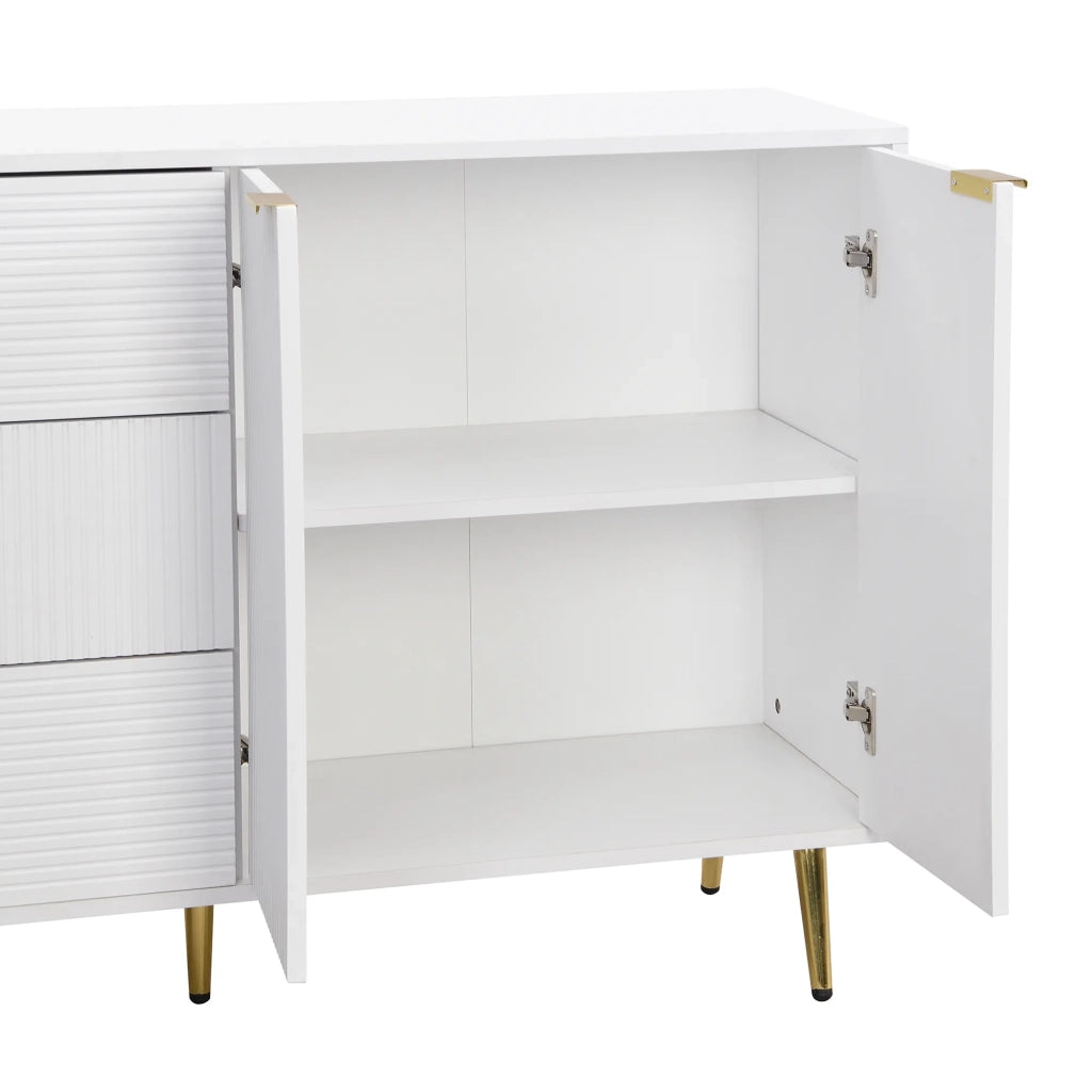 Sideboard con ante, cassetti e ripiani interni, maniglie e gambe dorate