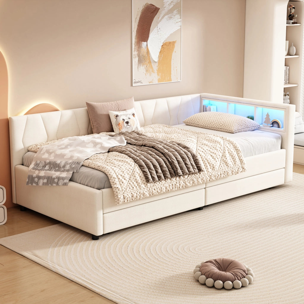 Letto singolo 90x200 con cassetti e vani; rete a doghe; lino grigio