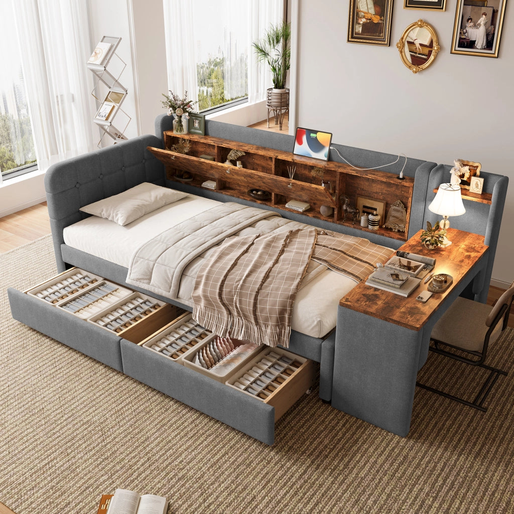 LETTO Giorno 90x200 cm Grigio in lino con scrivania, 2 cassetti e USB Tipo C
