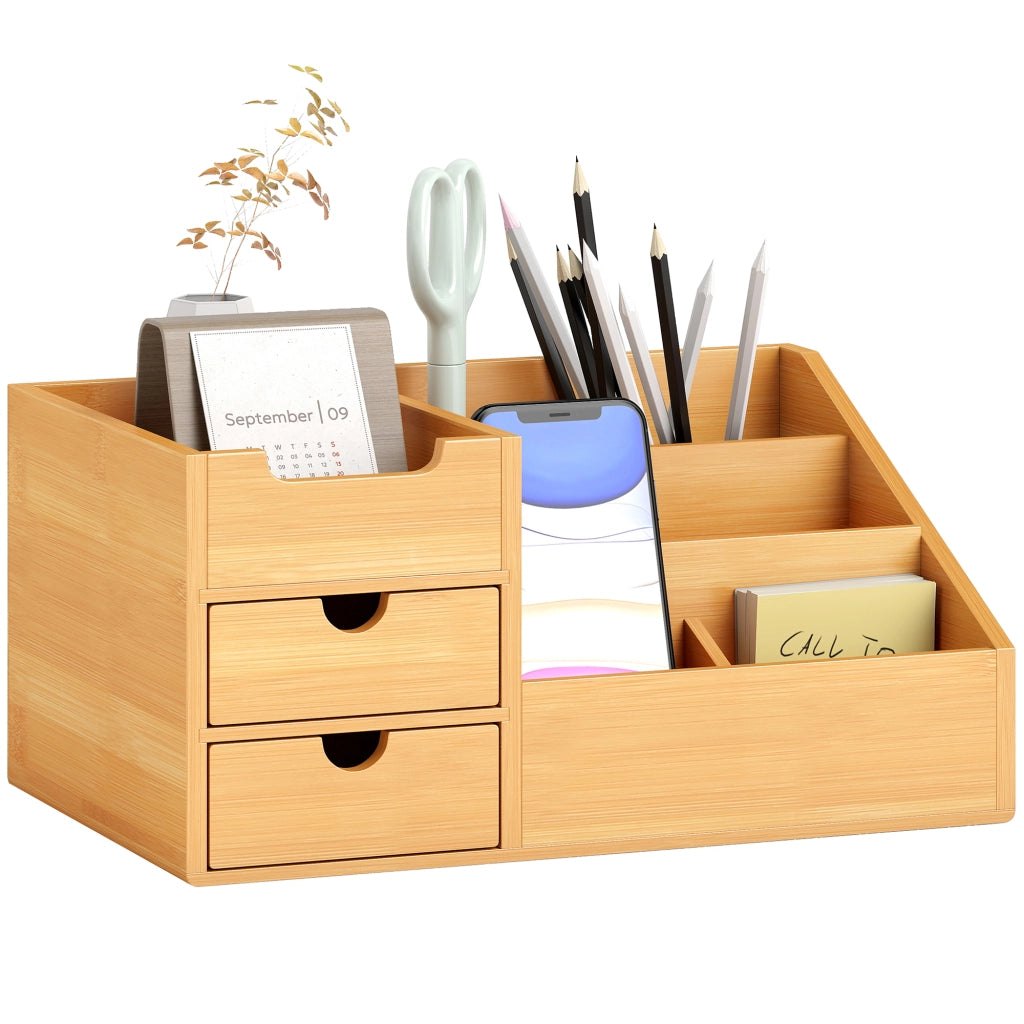 Organizer da Scrivania in Bamb¨´ con 2 Cassetti e 7 Scomparti Portaoggetti, 33x20.5x15.5 cm