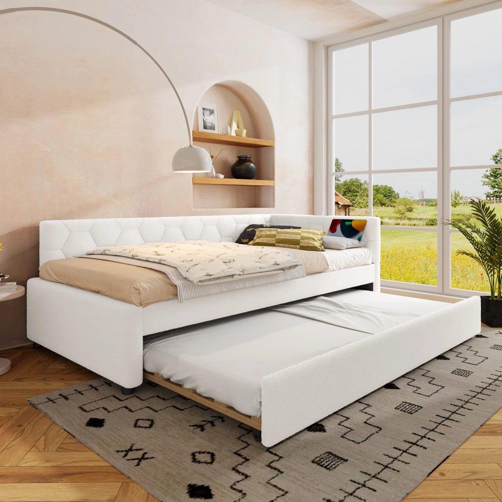 Letto con letto estraibile 90 × 200 cm con USB Type-C e lampada da comodino rivestito in bouclé bianco