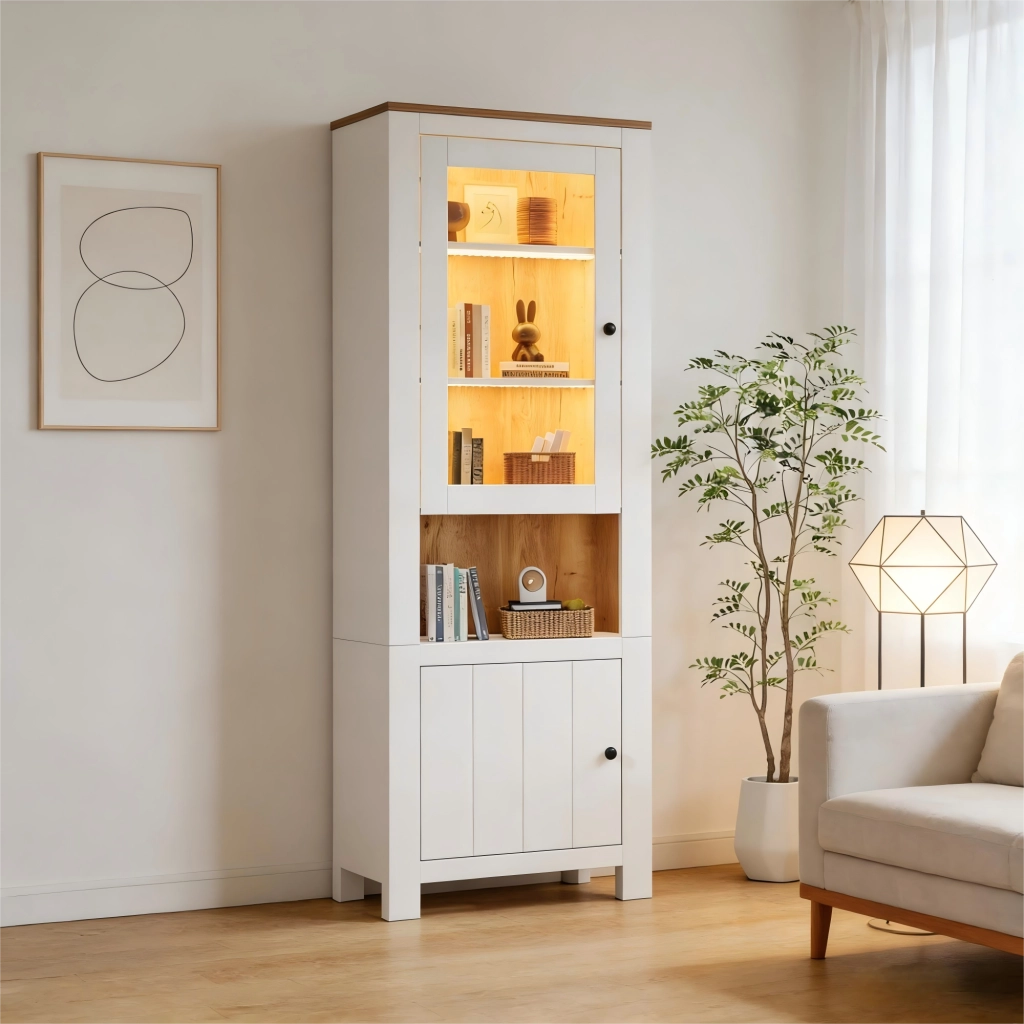 Vetrina da soggiorno con 2 ante; ripiani regolabili e LED controllabile via app; bianca con retro effetto legno naturale 70 × 40 × 188 cm