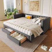 Letto singolo estraibile 90 ¡Á 200 cm in velluto grigio con schienale quadrato e due cassetti
