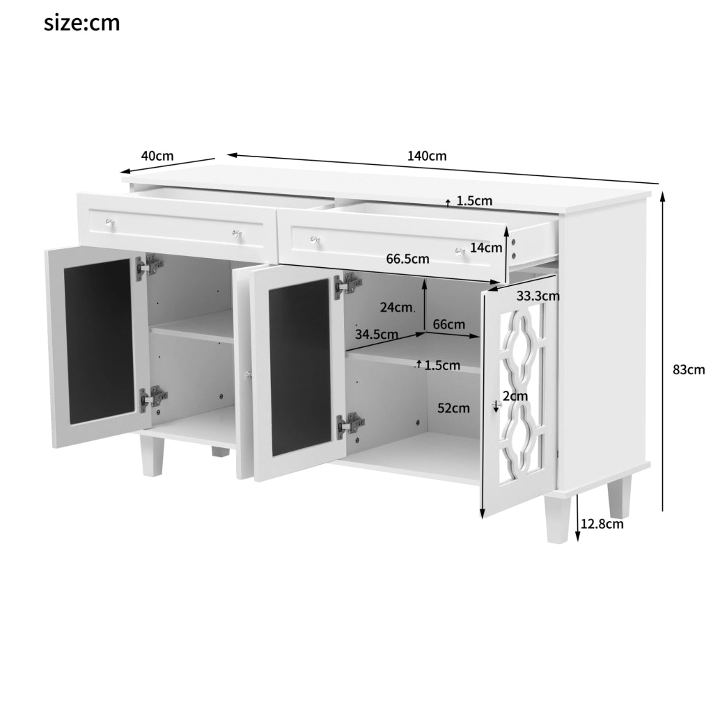 Credenza bianca con 4 ante a specchio e 2 cassetti