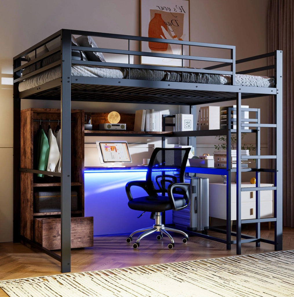 Letto a soppalco 140x200 cm con scrivania; LED; cassetto e ripiani in metallo e MDF nero