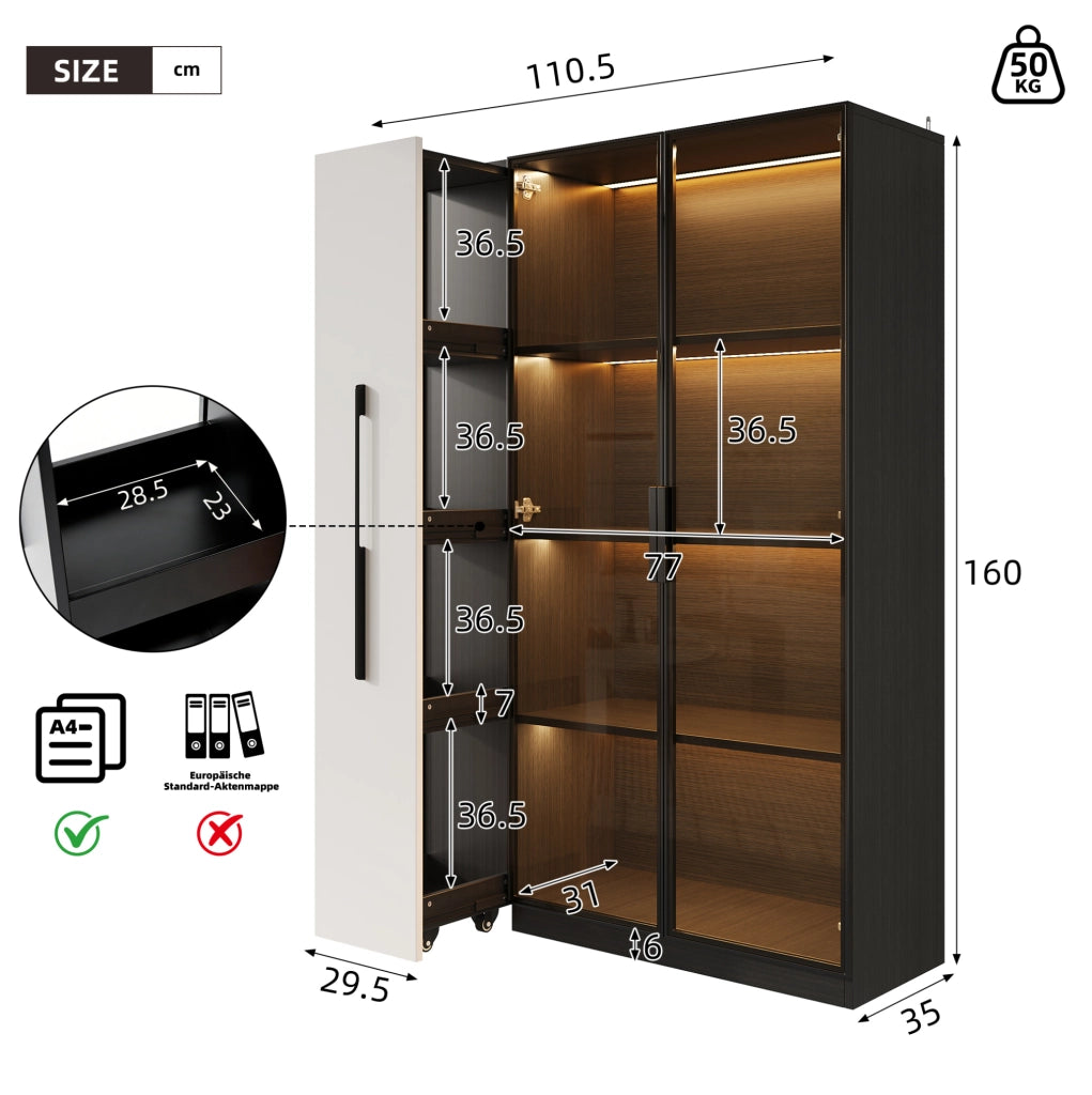 Vetrina LED 110;5x35x160 cm con anta in vetro e vano estraibile in MDF; nera
