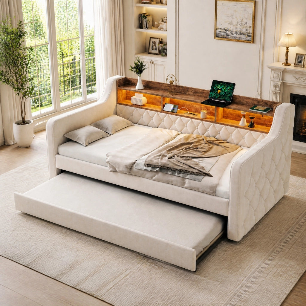 Divano letto estraibile 90x190 cm in velluto beige con LED; USB-C e vano portaoggetti