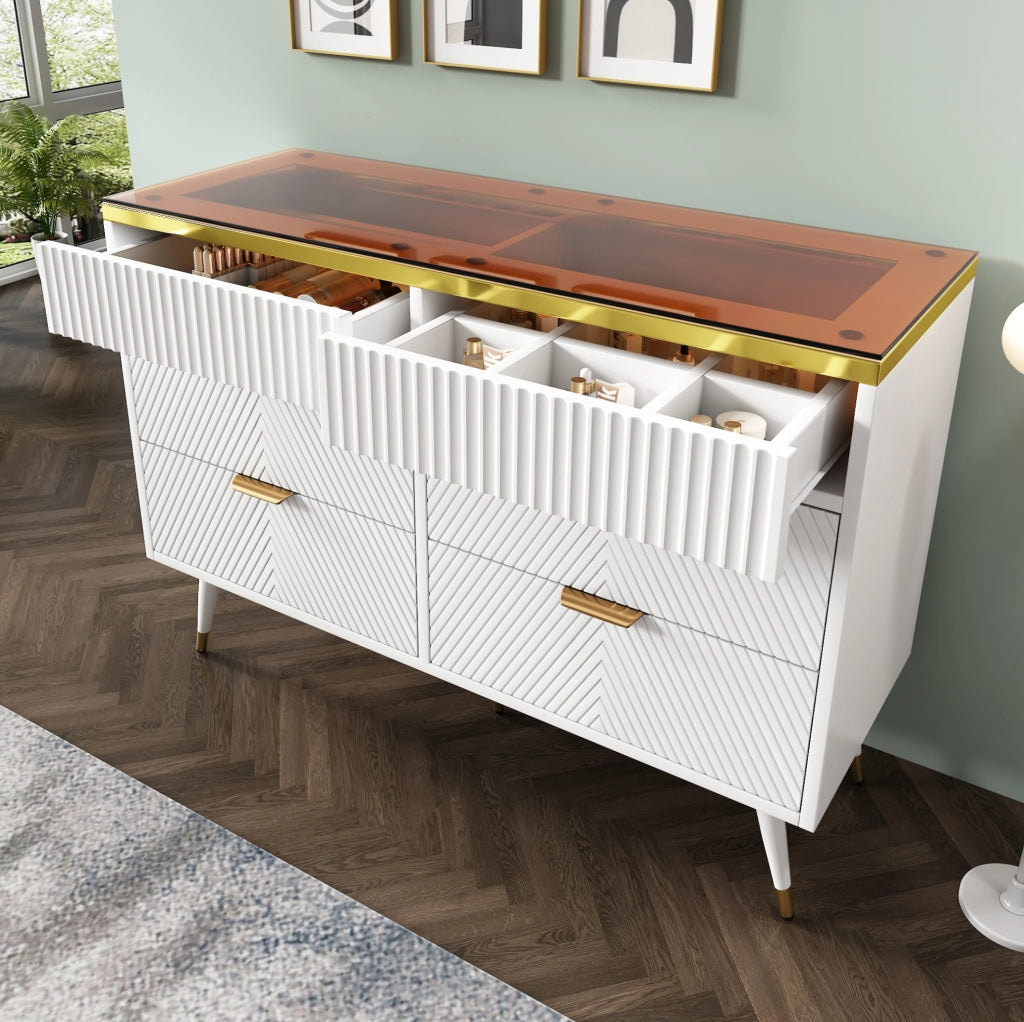 Cassettiera bianca 120 cm con 6 cassetti e vetro marrone