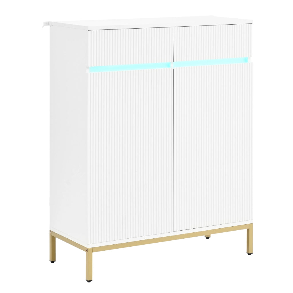Scarpiera LED con 2 cassetti, 2 ante e ripiani regolabili per ingresso, bianca con gambe dorate, 80 × 35 × 103 cm