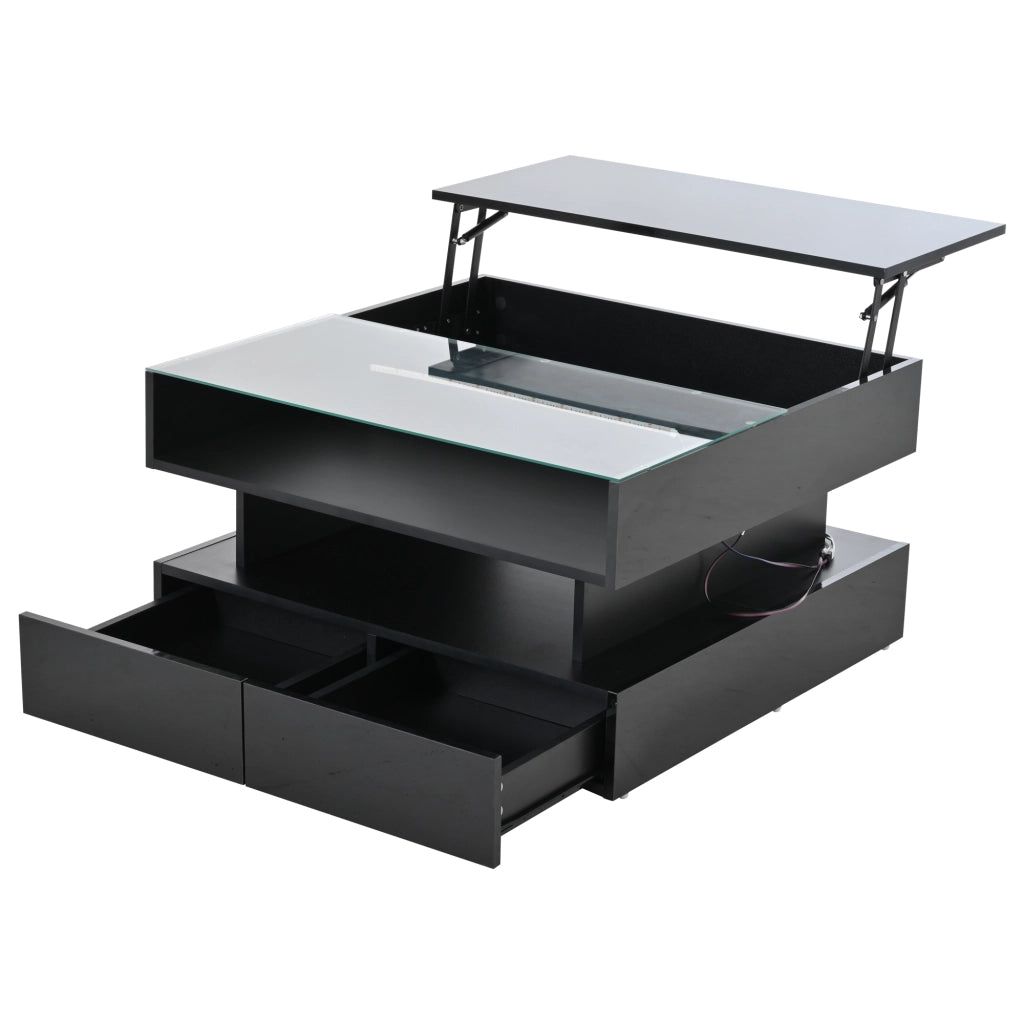 Tavolino da salotto elevabile 80 x 80 x 45 cm nero in truciolare e vetro temperato con 2 cassetti e LED