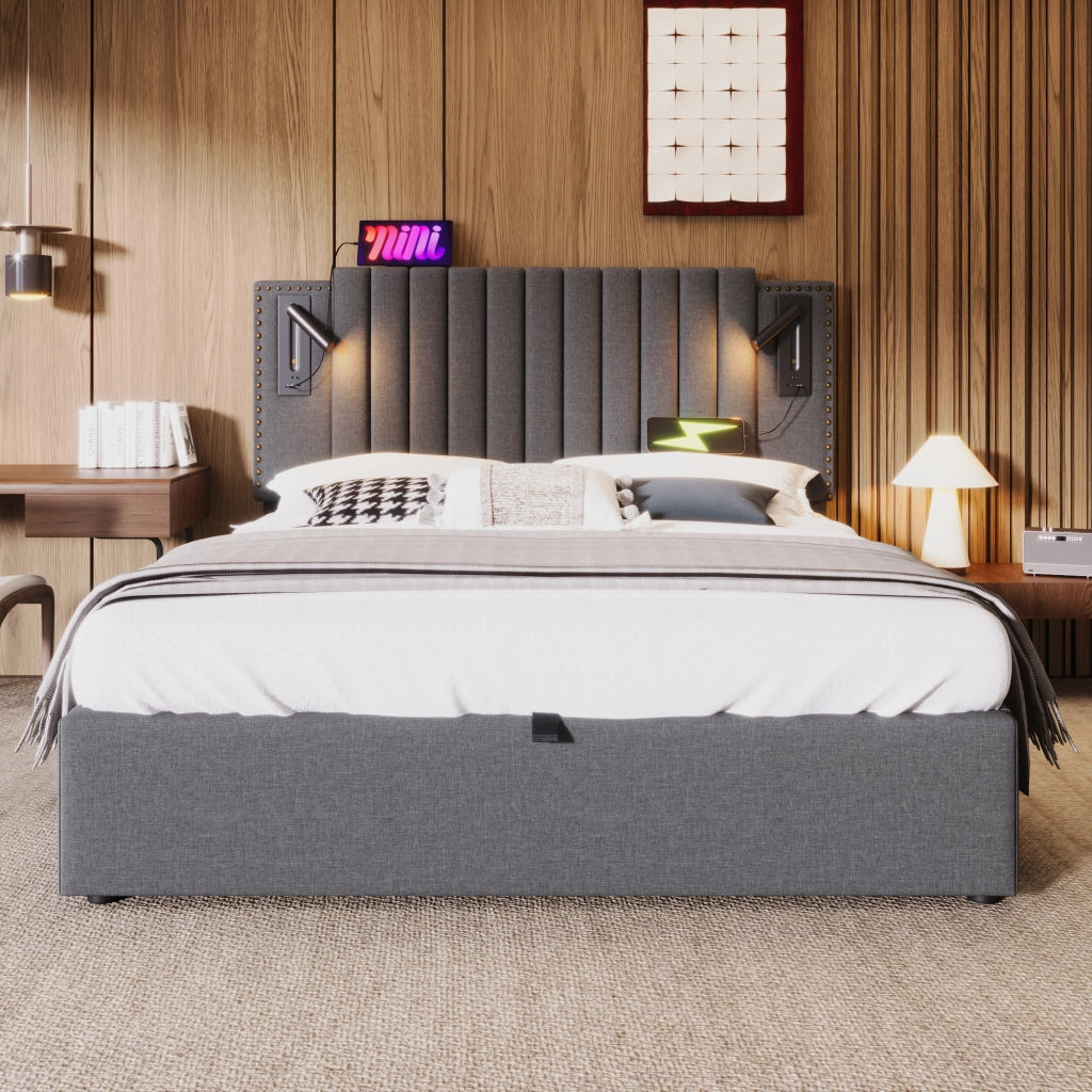 Letto matrimoniale – 140x200 cm – luce USB borchie rete – cotone grigio