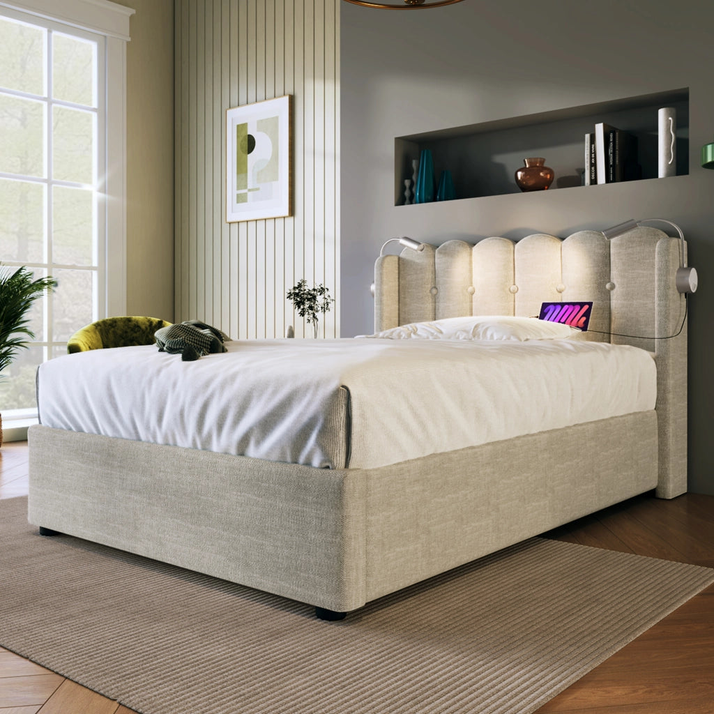 Letto singolo con contenitore 90 × 200 cm con luce da lettura USB rivestito in lino naturale rete a doghe inclusa