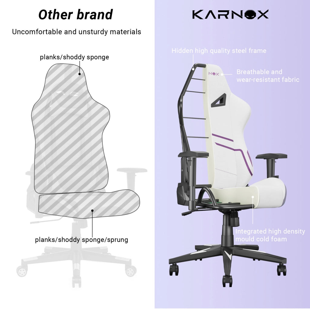 Sedia gaming ULEVR in tessuto bianco e viola con schienale reclinabile, supporto lombare e poggiatesta