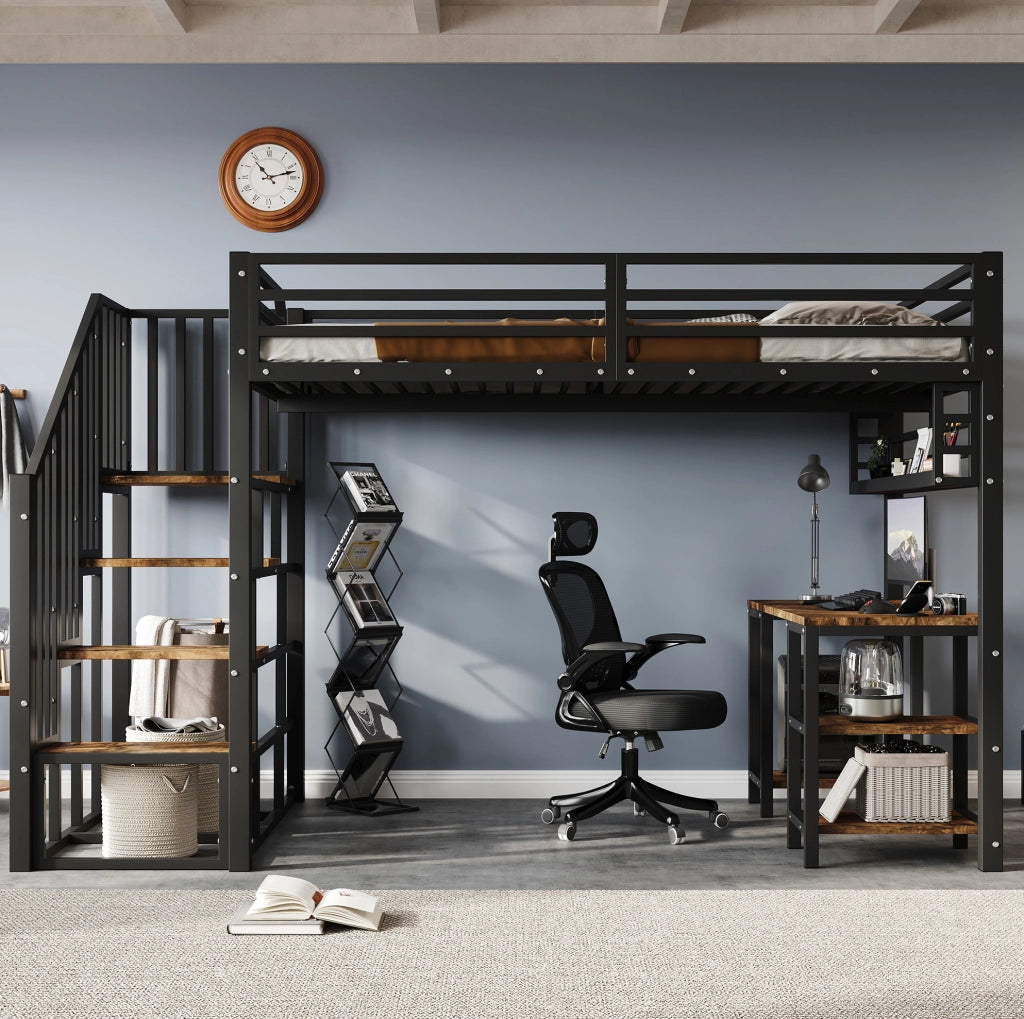 Letto a soppalco 120x200 cm con scrivania integrata e scaffale; metallo e legno; nero e noce scuro