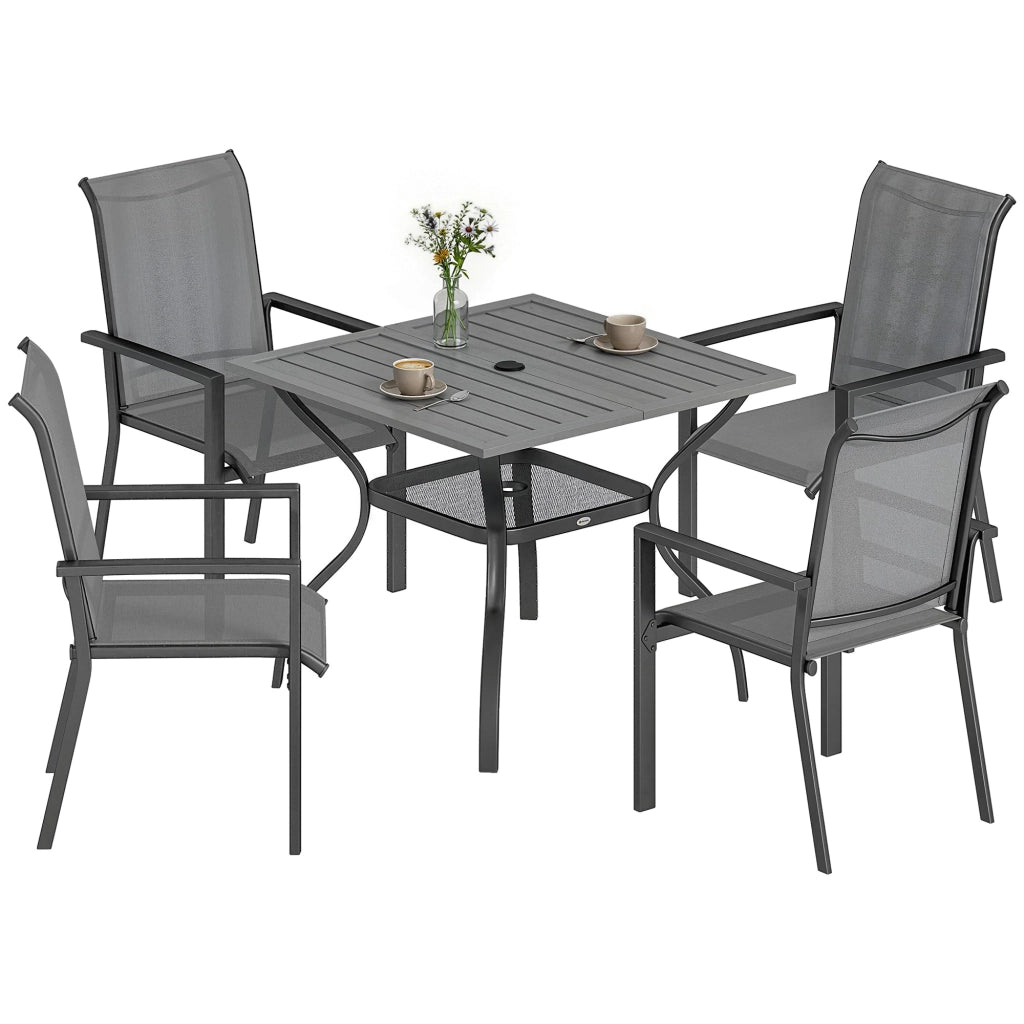 Set da Giardino 5 pz in Acciaio con 4 Sedie Impilabili e Tavolo con Foro Centrale e Ripiano Inferiore, Grigio