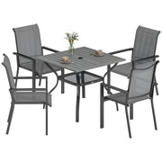 Set da Giardino 5 pz in Acciaio con 4 Sedie Impilabili e Tavolo con Foro Centrale e Ripiano Inferiore, Grigio