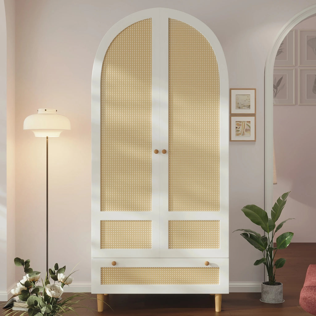 Armadio Bianco 80x50x180 cm in MDF con Design ad Arco; Bastone Appendiabiti e Cassetto per Camera da Letto