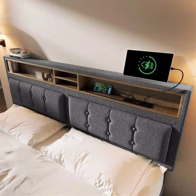 Letto imbottito 160 x 200 cm grigio con contenitore, prese e USB-C