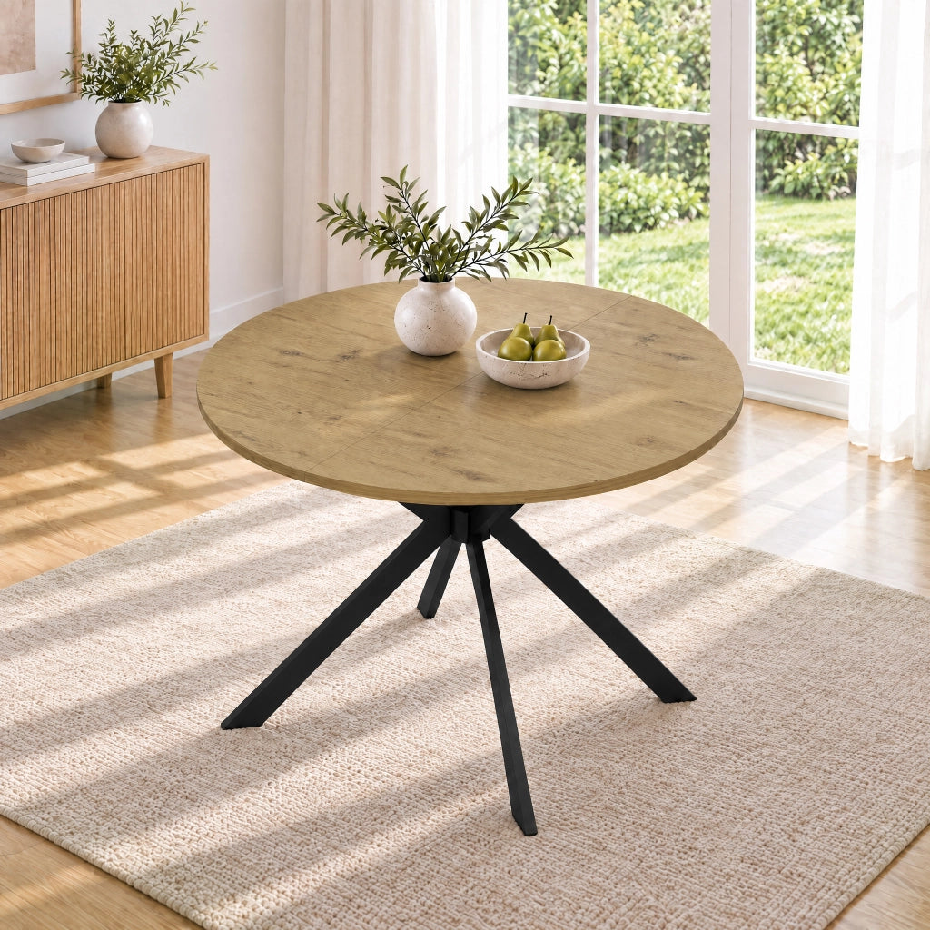 Tavolo Rotondo Allungabile 100-140x100 cm 4-6 Posti LEMONMAX; Diventa Ovale; Prolunga Integrata; MDF Effetto Legno e Gambe in Metallo