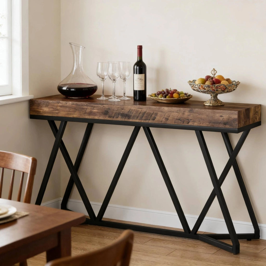Tavolo consolle 140 x 30 cm in MDF e metallo; nero e marrone rustico