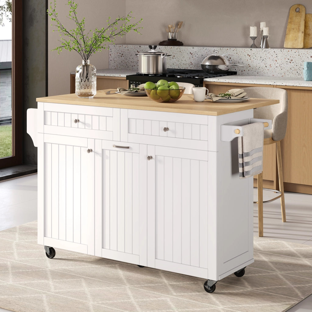 Mobile base da cucina con piano estraibile e pieghevole; cassetti multifunzione; bianco e naturale 140 × 40-70 × 92 cm