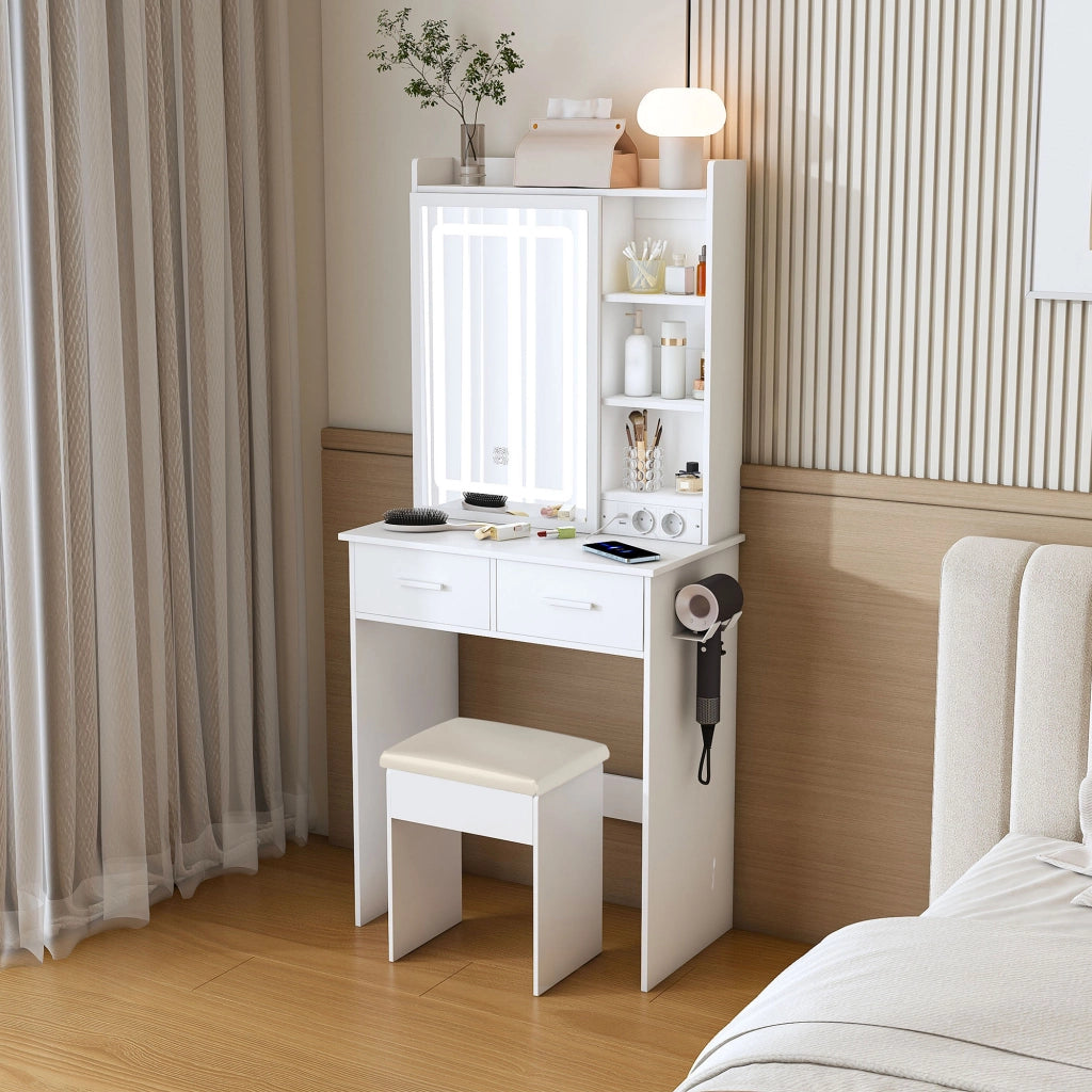 Toeletta con specchio LED regolabile; prese e USB; 2 cassetti e sgabello imbottito; MDF bianco