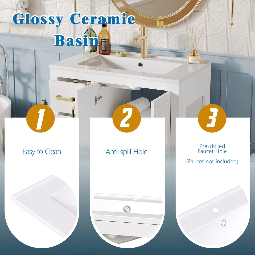 Mobiletto con lavabo in ceramica con 3 cassetti; 2 ante e ripiani laterali aperti bianco 76.5 × 46.5 × 84.5 cm