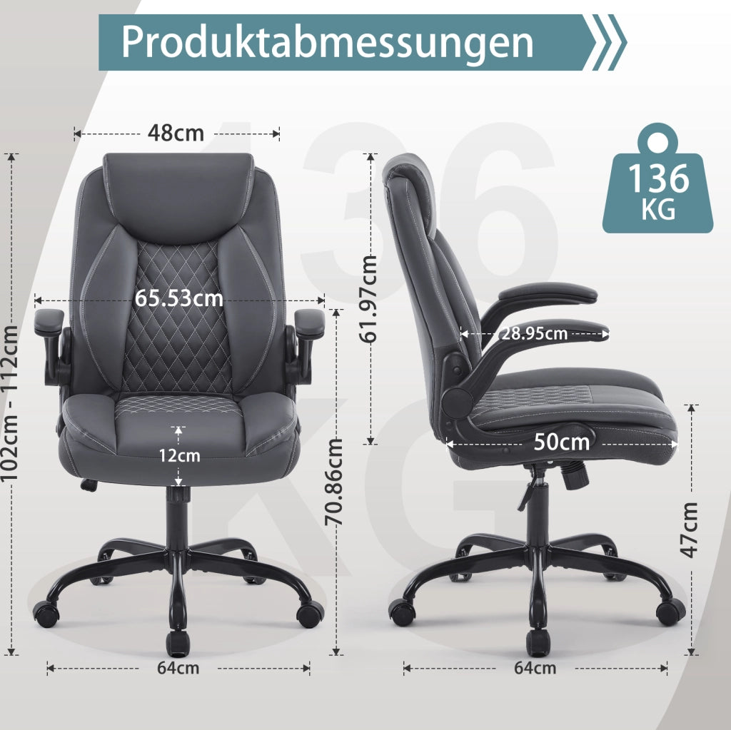 Sedia da ufficio ergonomica con supporto lombare e braccioli ribaltabili in similpelle grigia