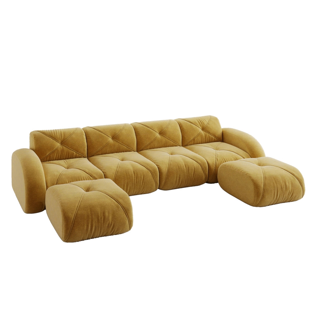 Divano modulare 4 posti 358x171x76 cm in ciniglia gialla con 2 pouf