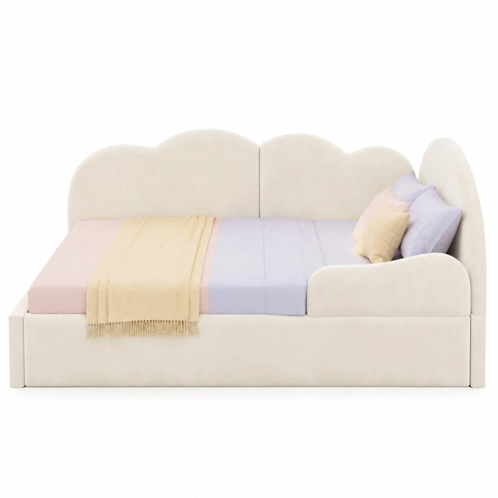 Letto imbottito a L con letto estraibile in velluto beige