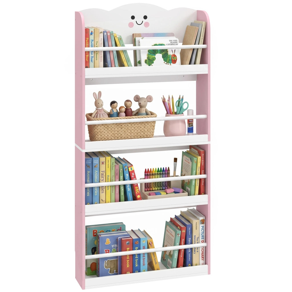 Libreria Montessoriana per Bambini 3-6 Anni con Tema Zucchero Filato, 4 Ripiani in Legno, per Cameretta, Rosa