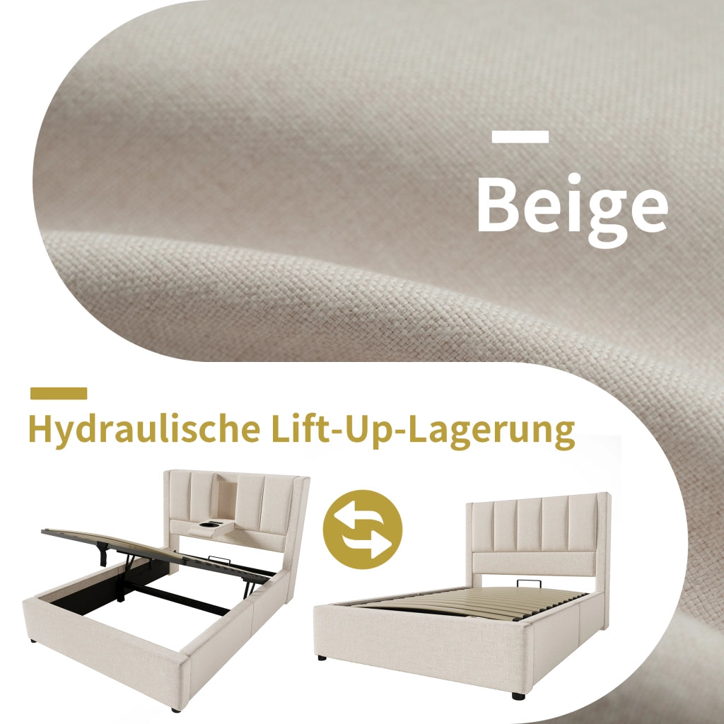 Letto singolo 90 × 200 cm con contenitore; 3 USB; ricarica tipo C e portabicchiere; senza materasso