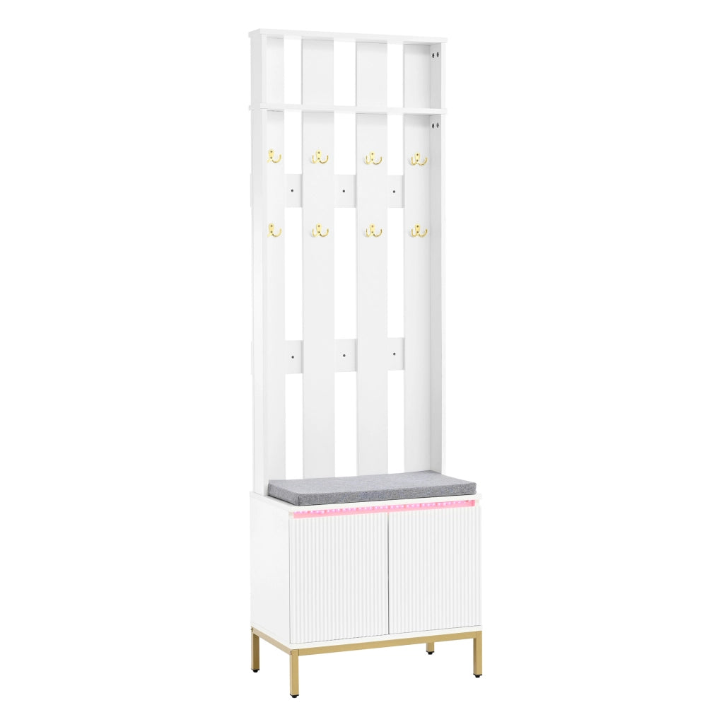 Panca guardaroba bianca con pannello posteriore forato, 8 ganci doppi dorati, panca imbottita e scarpiera regolabile con luce LED integrata