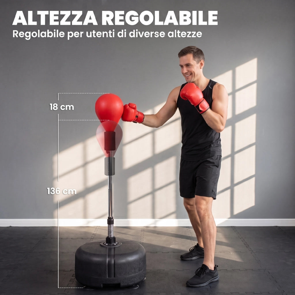 Punching Ball ad Altezza Regolabile con Guanti da Boxe in Acciaio e Finta Pelle Ø48x136-154 cm Robusto per Casa Nero e Rosso