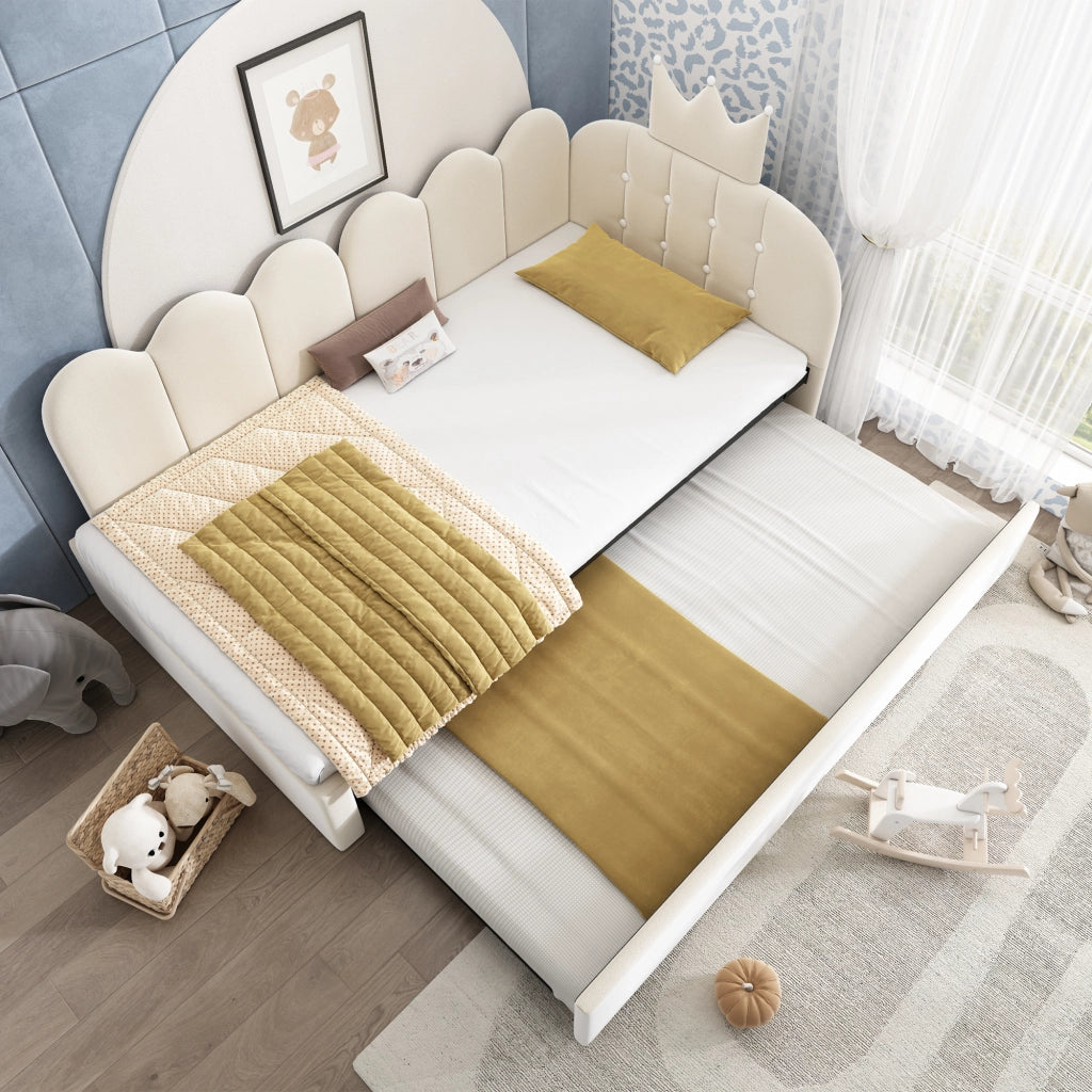 Letto imbottito per bambini 90 x 200 cm con letto estraibile 90 x 190 e rete a doghe, singolo con testiera a corona in velluto beige