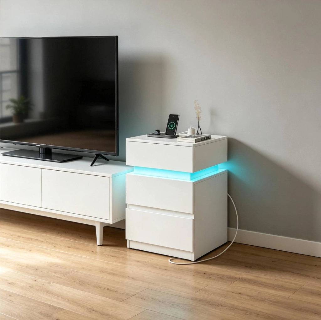 Set di 2 Comodini Bianchi con Luce LED Regolabile e Stazione di Ricarica Integrata