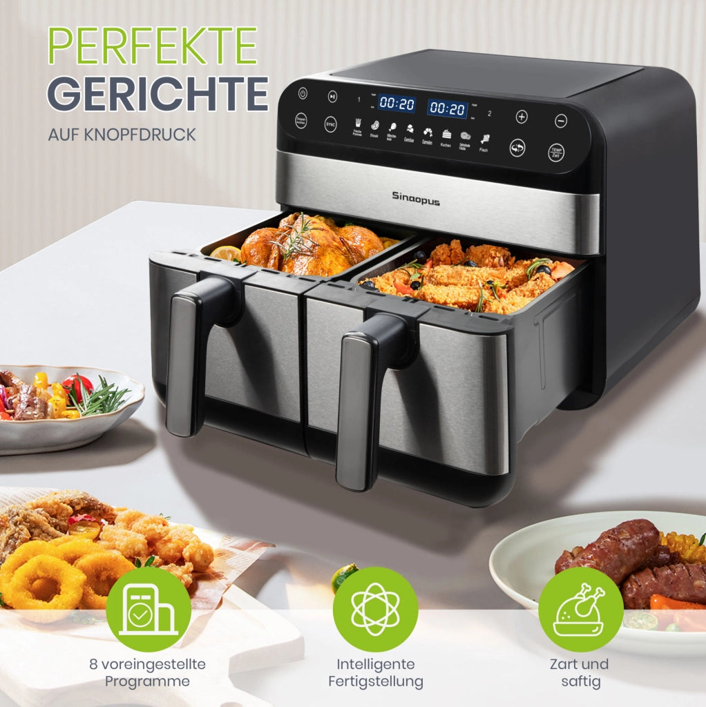 Friggitrice ad aria 10 L nera ABS e PC, doppio cestello e 8 programmi